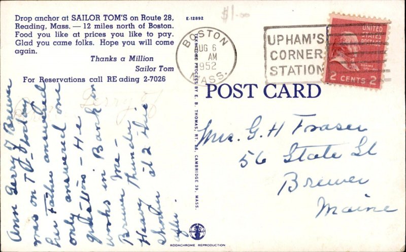 Reading MA Sailor Tom's Gift Shop & Restaurant  c1950-60s Vintage Postcard