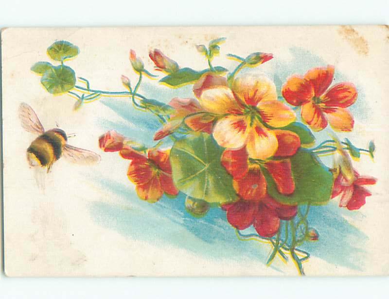 Pre-Linen BUMBLEBEE BEE APPROACHES ORANGE FLOWERS k4711