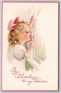 By Wireless To My Valentine, Girl Blowing Kiss, Vintage Postcard Series No 135