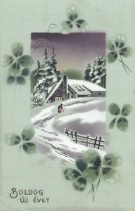 New Year 1930 handpainted winter scenic luck shamrock fantasy greetings postcard