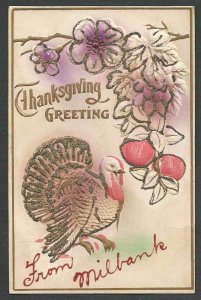 POST CARD THANKSGIVING GREETING W/TURKEY & GLITTER EMBOSSED UNPOSTED