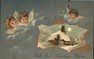 Christmas Child Angels Country Snow Full Moon c1910 Vintage Postcard