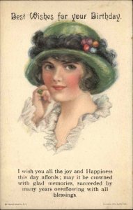 Alice Luella Fidler Pretty Woman in Green Hat Birthday Vintage Postcard