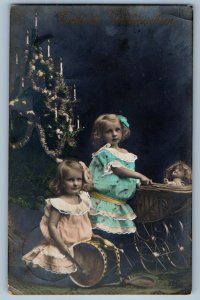 Christmas Twin Little Girls With Drummer Doll Stroller RPPC Photo Postcard