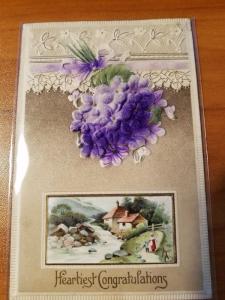 Antique Heartiest Congratulations Postcard - Heavily Embossed and with Velvet 