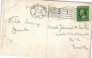 Postcard NY Amsterdam Mohawk River from Bridge Flag Cancel 1910 F9