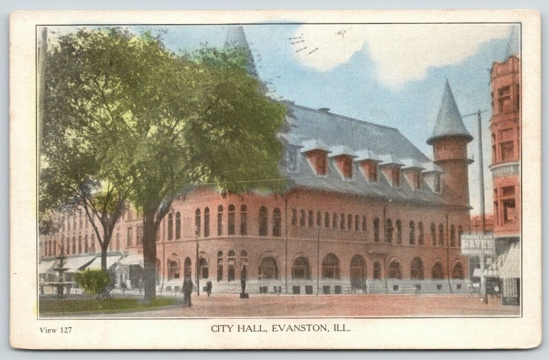 Evanston Illinois~City Hall~Hayes Clothing & Hats Store~1910 Handcolored PC 