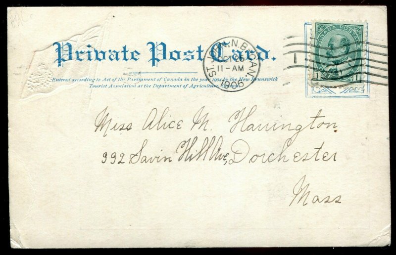4421 - ST. JOHN NB Postcard 1906 Bank of New Brunswick. Patriotic Flag