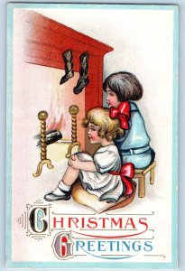 Christmas Postcard Greetings Children Fireplace Hanging Stockings Habberton AR