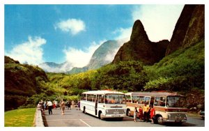 Mauis Iao Needle Volcanic spire with Tour Buses Hawaii Postcard