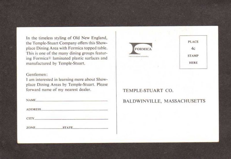 MA Temple Stuart Formica Co Baldwinville Massachusetts AD Postcard