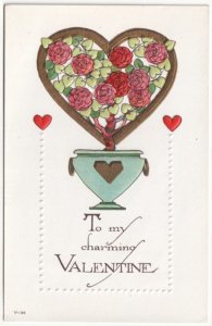 To My Charming Valentine, Heart Shaped Rose Plant, Vintage Postcard, V-134