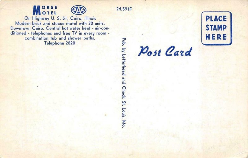 CAIRO Illinois IL    MORSE MOTEL  Roadside  ca1950s Vintage Chrome Postcard