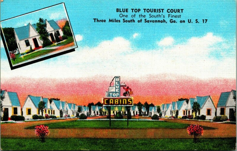 US Hwy 17 Blue Top Tourist Court Motel Savannah Georgia GA UNP Linen Postcard