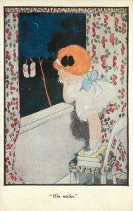 C-1910 Romantic Girl Art his Socks Inter Art Co #441 Postcard 21-13875