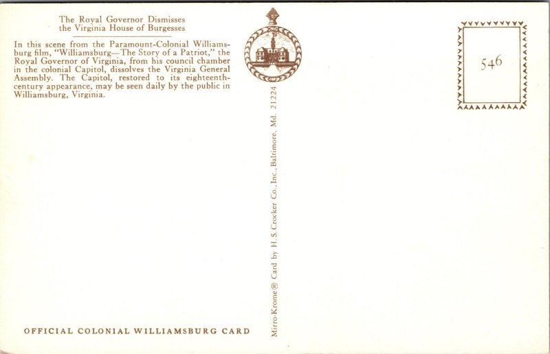 Vtg Royal Governor Dismisses the Virginia VA House of Burgesses Postcard