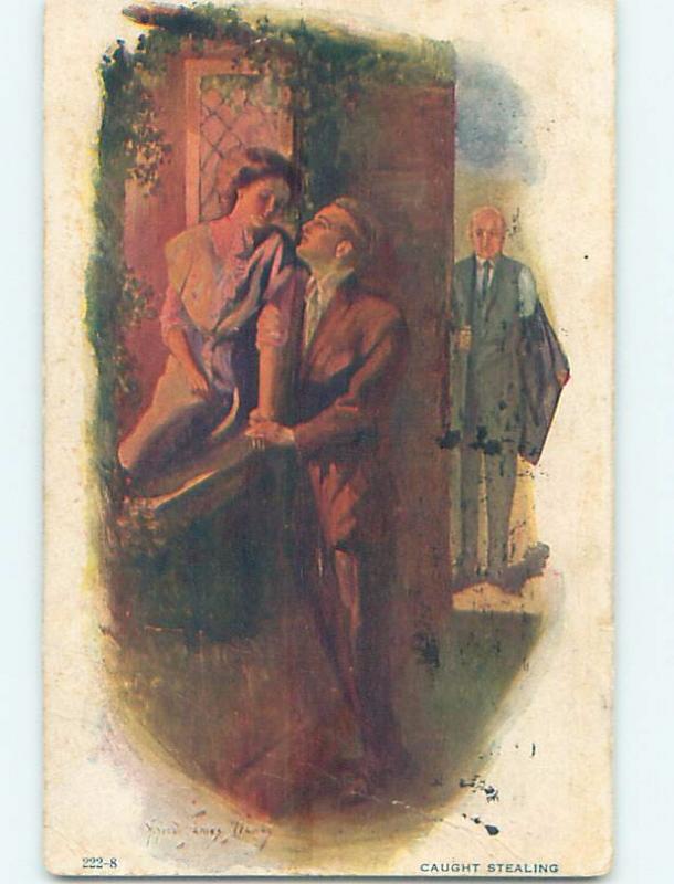 Pre-Linen signed YVES JAMES HEWEY - FATHER CATCHES DAUGHTER'S BOYFRIEND HL4439