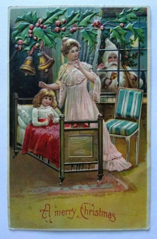 Santa Christmas Postcard White Robe Original 1907 Embossed Antique Series BW 296