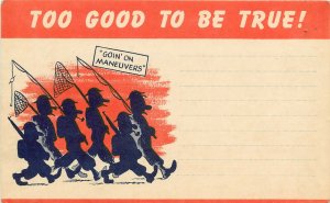 WWII Humor Postcard Going on Maneuvers Too Good To Be True Fishing