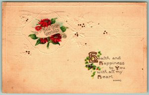 New Year Greetings Health and Happiness Poinsettia 1912 DB Postcard G12