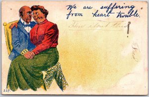 1907 Fat Lady Sitting On Man's Lap Here We Are Suffering From Heart Postcard