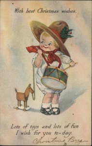 Christmas Little Boy in Cowboy Hat with Horse Pull Toy Vintage Postcard