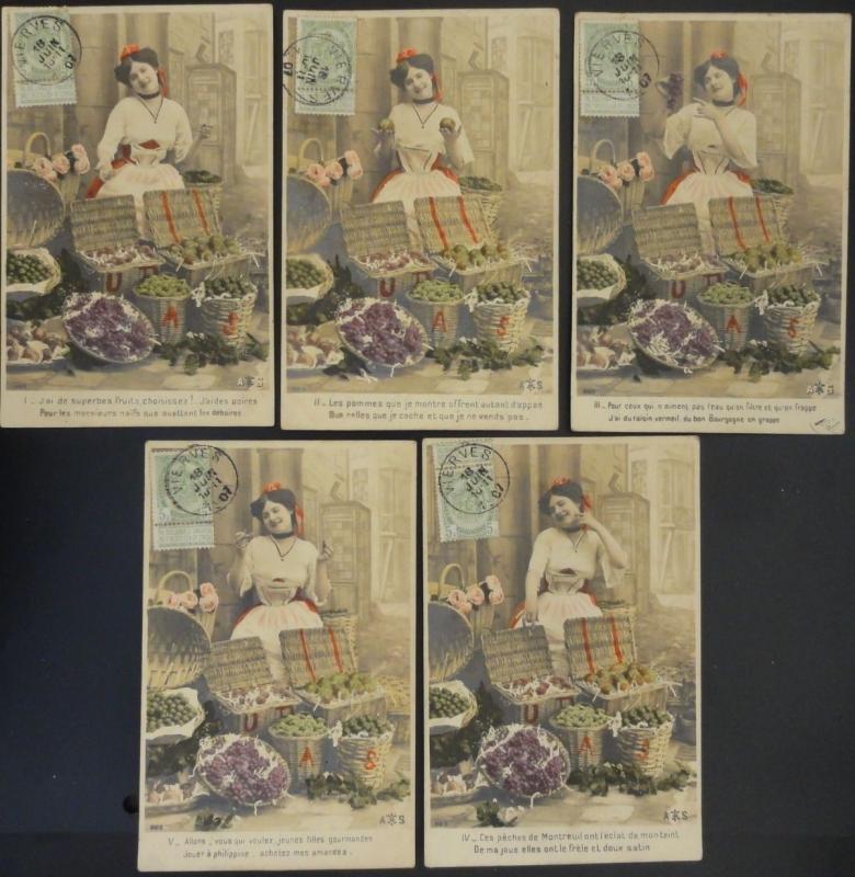 French Fantasy Set of 5 J'ai de superbes fruits, choisisses! c1907 A.S.  110515