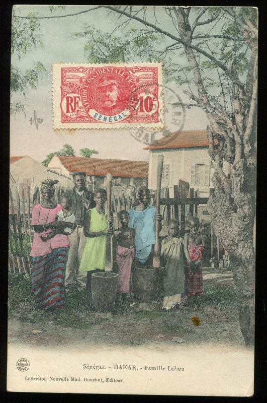 Dakar, Senegal. Famille Lebou. Tinted Mad. Bouchot postcard. C. 1910 cancel