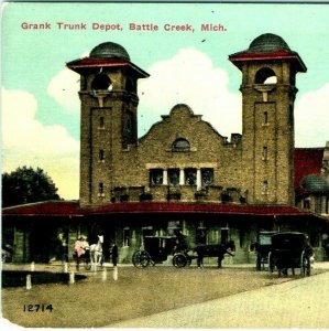1900s Battle Creek Michigan Grand (Grank ERROR) Trunk Depot Photo White Horse A6