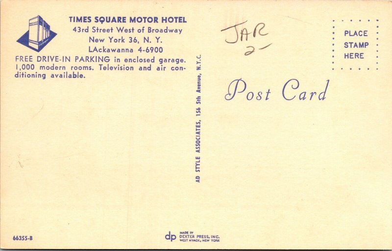 Historic Times Square Motor Hotel Downtown New York City New York DB Postcard 