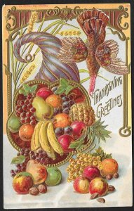 Thanksgiving Greetings Cornucopia of Fruit & Hanging Turkey Used c1909