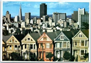 Postcard - Quaint Victorian homes contrast with modern San Francisco skyline, CA