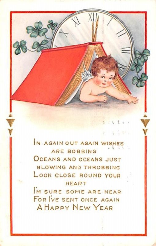 Happy New Year Poem Clock & 4 Leaf Clovers 1916 