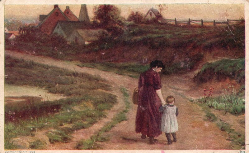 ?Vintage Postcard 1912 Mother and Daughter Walking Through Field Nature Artwork