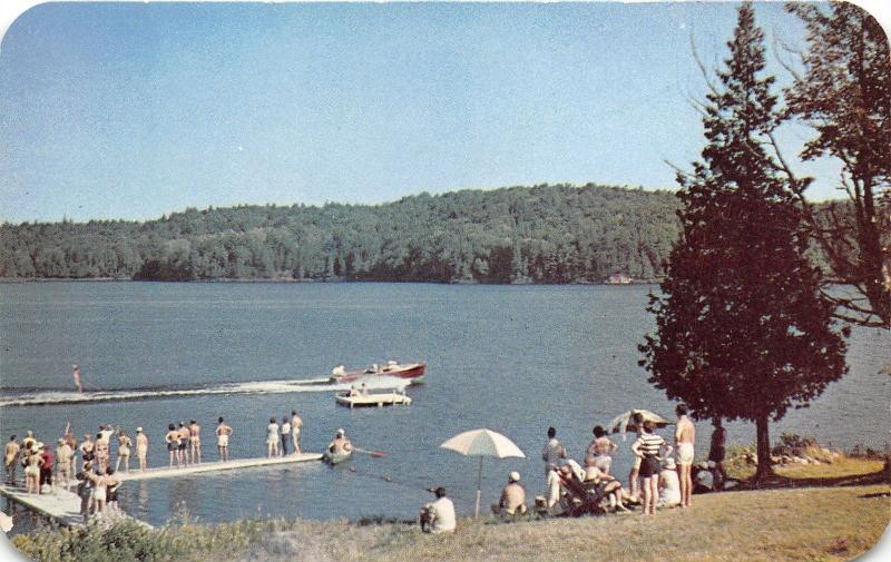 Long Lake New York~Stonegate Lodge Resort~People on Dock & Water Skiing~1950s