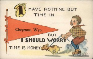 Cheyenne Wyoming WY Dog Pulls Boy on Roller Skates Pennant Vintage Postcard