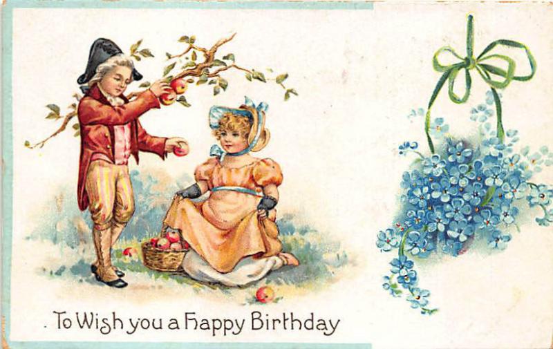 Boy and a Girl Apples Flowers To Wish You A Happy Birthday  Postcard