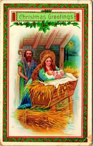 Nativity Scene Embossed Gilt Christmas Greetings 1910s DB Postcard