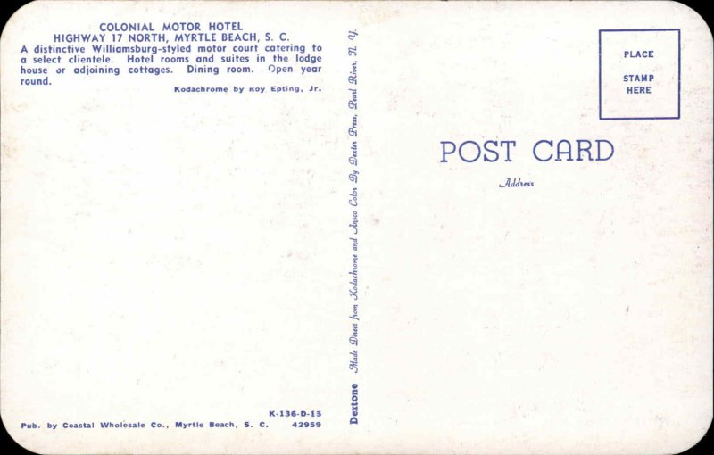 Myrtle Beach South Carolina SC Colonial Motor Hotel 1950s Vintage Postcard
