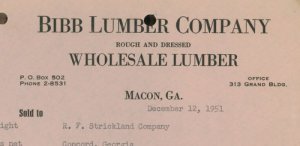 1951 Bibb Lumber Company Macon GA Rough and Dressed Wholesale Lumber Invoice 313 