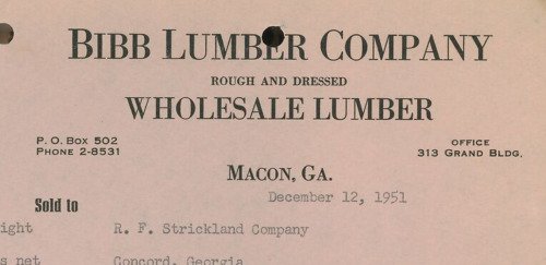 1951 Bibb Lumber Company Macon GA Rough and Dressed Wholesale Lumber Invoice 313 