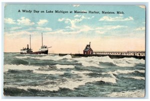 1915 Windy Day On Lake Michigan At Manistee Harbor Manistee Michigan MI Postcard