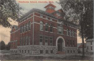 Charlotte Michigan birds eye view Hawthorne School antique pc Y11658