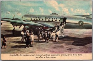 1955 COLONIAL AIRLINES Aviation Advertising LINEN Postcard w/ Bermuda Cancel