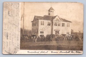 J87/ Vernon Ohio RPPC Postcard c1910 School Building Bus Wagons Trumbull 1359