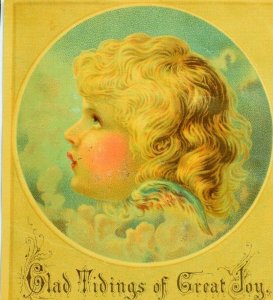 Lovely Winged Angel Head Glad Tidings Of Great Joy Christmas Victorian Card #G