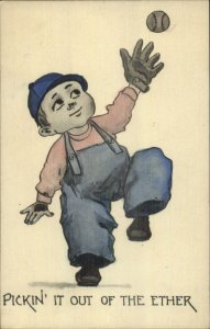 Baseball Little Boy Overalls Catching Ball Hand Colored c1910 Postcard