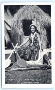 HAWAII, HI ~ HULA GIRL with OUTRIGGER CANOE c1940s Tropical Polynesian Postcard