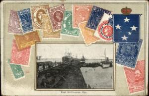 Port Melbourne Pier Ships - Australia Postage Stamp Border c1910 Postcard