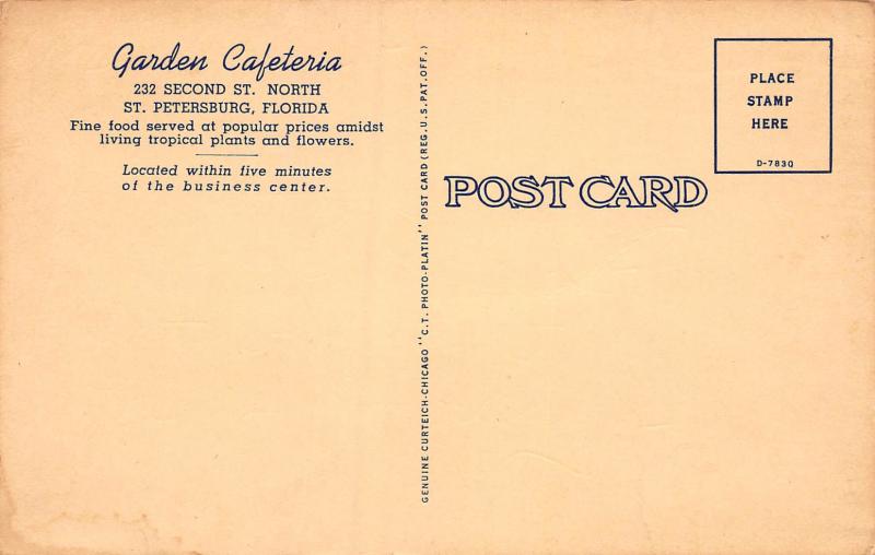 Garden Cafeteria, St. Petersburg, Florida, Early Postcard, Unused